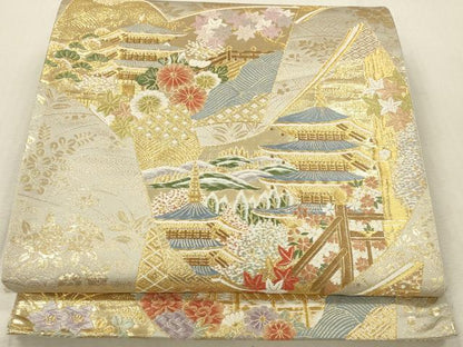 平和屋本店▼六通柄袋帯　唐織　東大寺扇文　九百　本金箔　正絹　逸品　DABK2258op