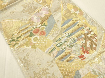 平和屋本店▼六通柄袋帯　唐織　東大寺扇文　九百　本金箔　正絹　逸品　DABK2258op