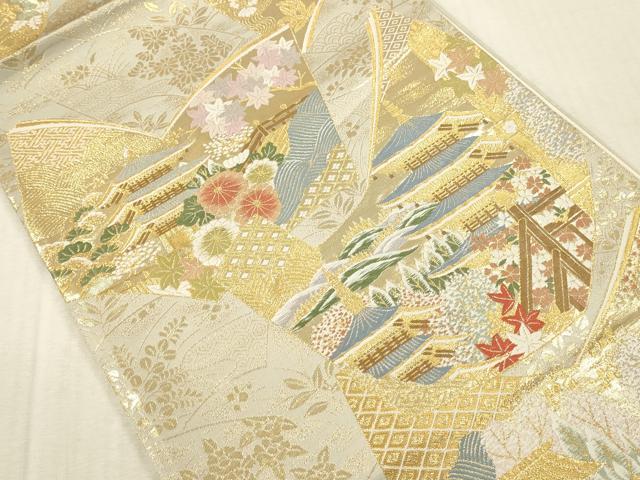 平和屋本店▼六通柄袋帯　唐織　東大寺扇文　九百　本金箔　正絹　逸品　DABK2258op