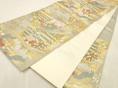 平和屋本店▼六通柄袋帯　唐織　東大寺扇文　九百　本金箔　正絹　逸品　DABK2258op