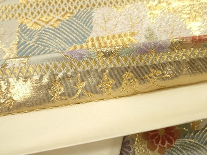 平和屋本店▼六通柄袋帯　唐織　東大寺扇文　九百　本金箔　正絹　逸品　DABK2258op