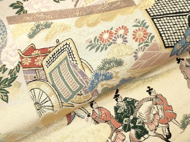 平和屋本店▼六通柄袋帯　唐織　人物風景御所車花文　九百錦　純金　正絹　逸品　DABK2269op