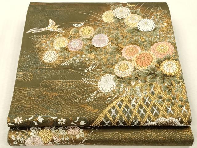 平和屋本店▼西陣　六通柄袋帯　唐織　光悦草花文　純金箔　正絹　逸品　DABK2270op