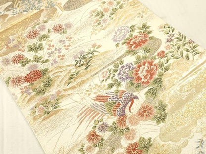 平和屋本店▼六通柄袋帯　唐織　尾長鳥花文　本金箔24K　正絹　逸品　DABK2277op