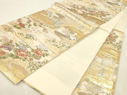 平和屋本店▼六通柄袋帯　唐織　尾長鳥花文　本金箔24K　正絹　逸品　DABK2277op