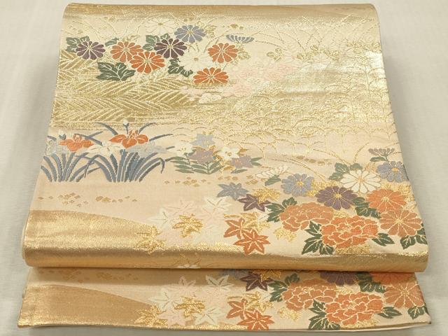 平和屋本店▼六通柄袋帯　唐織　風景花文　本金二重箔　正絹　逸品　DABK2278op