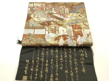 平和屋本店▼全通全景柄袋帯　人物風景文　本金箔　反端付き　正絹　逸品　未使用　DABK2279op