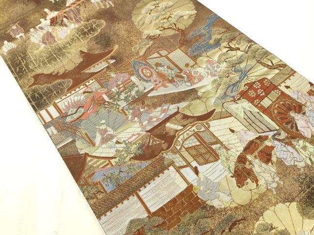 平和屋本店▼全通全景柄袋帯　人物風景文　本金箔　反端付き　正絹　逸品　未使用　DABK2279op