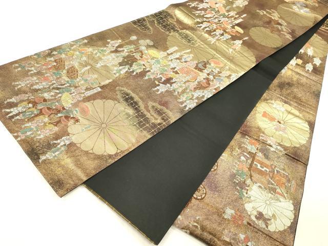 平和屋本店▼全通全景柄袋帯　人物風景文　本金箔　反端付き　正絹　逸品　未使用　DABK2279op