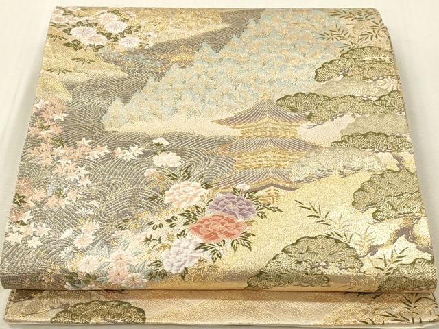 平和屋本店▼六通柄袋帯　唐織　風景花文　九百錦　本金弐重箔　正絹　逸品　DABK2280op