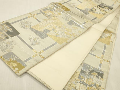 平和屋本店▼六通柄　京袋帯　風景花文　プラチナ24金織　正絹　逸品　DABK2284op
