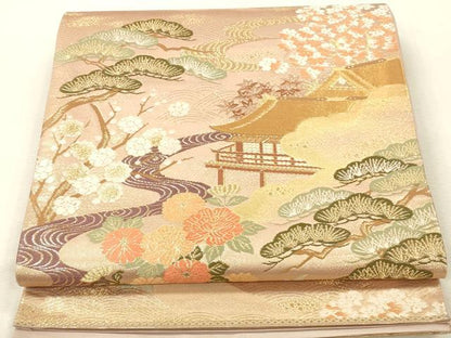 平和屋本店▼六通柄袋帯　唐織　風景花松文　本金箔　正絹　逸品　DABK2285op
