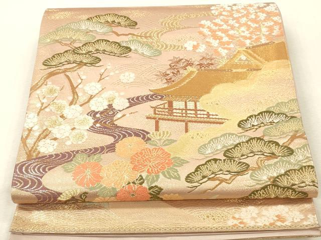 平和屋本店▼六通柄袋帯　唐織　風景花松文　本金箔　正絹　逸品　DABK2285op