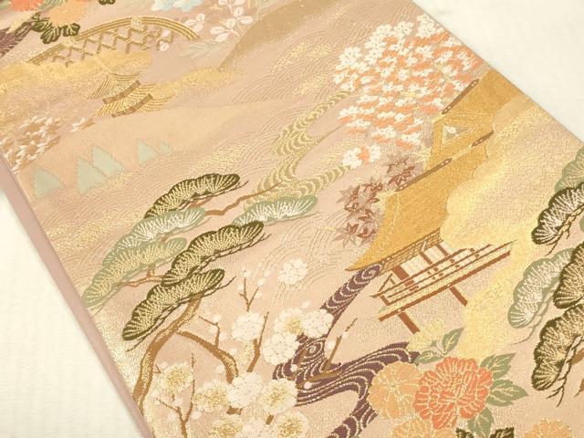平和屋本店▼六通柄袋帯　唐織　風景花松文　本金箔　正絹　逸品　DABK2285op