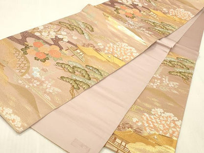 平和屋本店▼六通柄袋帯　唐織　風景花松文　本金箔　正絹　逸品　DABK2285op