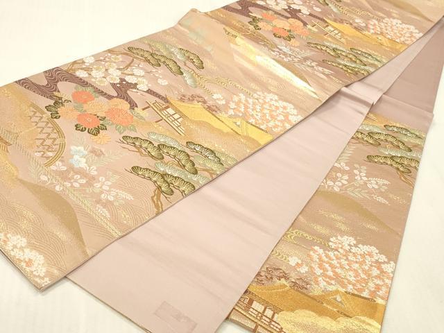 平和屋本店▼六通柄袋帯　唐織　風景花松文　本金箔　正絹　逸品　DABK2285op