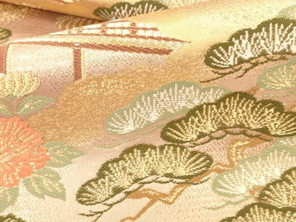 平和屋本店▼六通柄袋帯　唐織　風景花松文　本金箔　正絹　逸品　DABK2285op