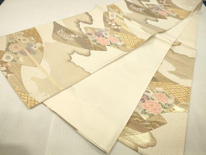 平和屋本店▼六通柄袋帯　唐織　雲取り花文　弐拾四金二重織　正絹　逸品　DABK2287op