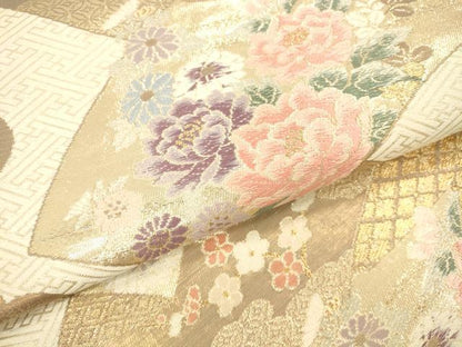 平和屋本店▼六通柄袋帯　唐織　雲取り花文　弐拾四金二重織　正絹　逸品　DABK2287op