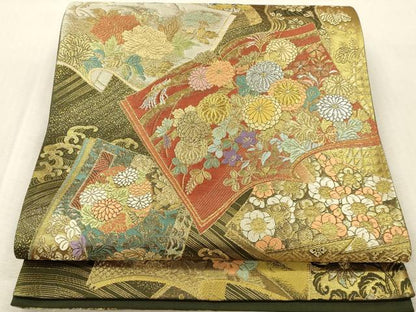 平和屋本店▼六通柄袋帯　唐織　花本流水波　本金箔　正絹　逸品　DABK2292op