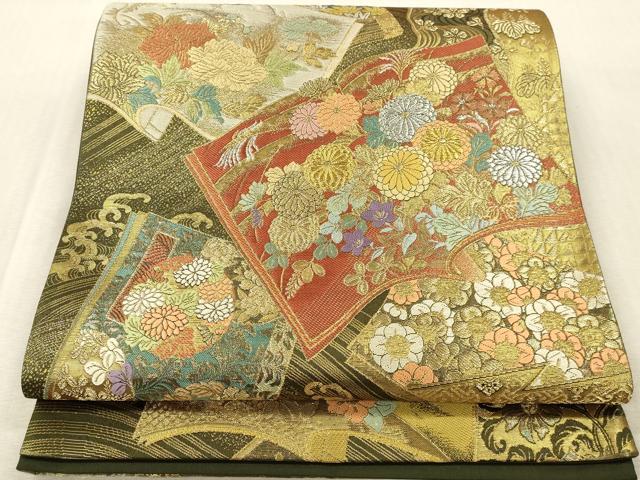 平和屋本店▼六通柄袋帯　唐織　花本流水波　本金箔　正絹　逸品　DABK2292op