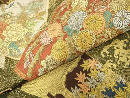 平和屋本店▼六通柄袋帯　唐織　花本流水波　本金箔　正絹　逸品　DABK2292op