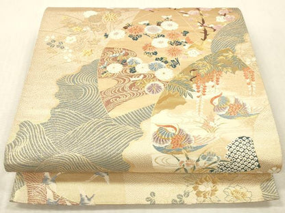 平和屋本店▼六通柄袋帯　唐織　扇面取蒔絵文　本金二重箔　正絹　逸品　DABK2296op