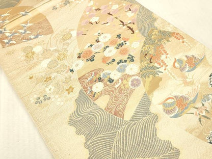 平和屋本店▼六通柄袋帯　唐織　扇面取蒔絵文　本金二重箔　正絹　逸品　DABK2296op