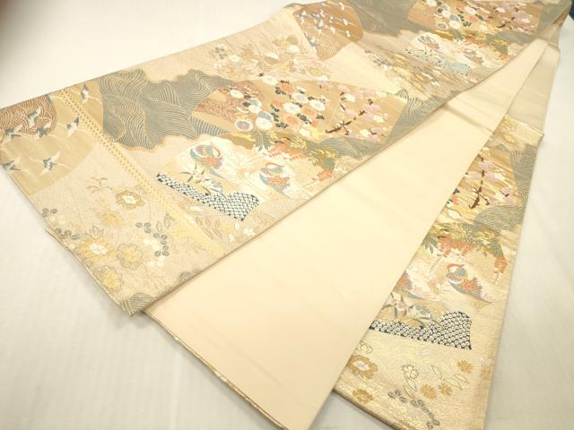 平和屋本店▼六通柄袋帯　唐織　扇面取蒔絵文　本金二重箔　正絹　逸品　DABK2296op