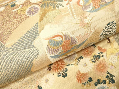 平和屋本店▼六通柄袋帯　唐織　扇面取蒔絵文　本金二重箔　正絹　逸品　DABK2296op