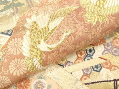平和屋本店▼六通柄袋帯　唐織　遠山群鶴文　純金箔24K　正絹　逸品　DABK2302op