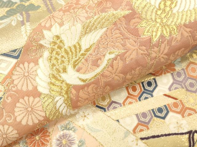 平和屋本店▼六通柄袋帯　唐織　遠山群鶴文　純金箔24K　正絹　逸品　DABK2302op