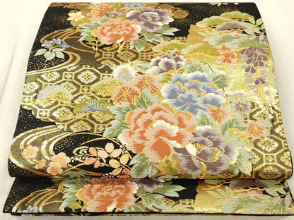 平和屋本店▼六通柄袋帯　華擁錦　黒地　本金二重　正絹　逸品　未使用　DABK2305op
