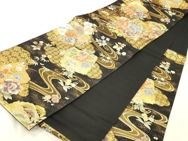 平和屋本店▼六通柄袋帯　華擁錦　黒地　本金二重　正絹　逸品　未使用　DABK2305op