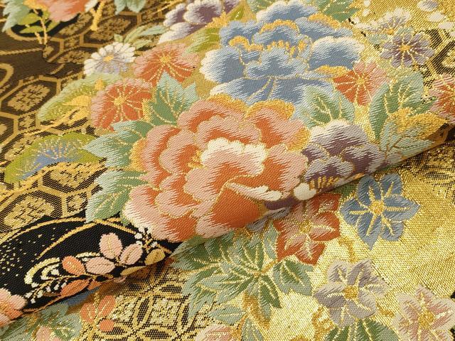 平和屋本店▼六通柄袋帯　華擁錦　黒地　本金二重　正絹　逸品　未使用　DABK2305op