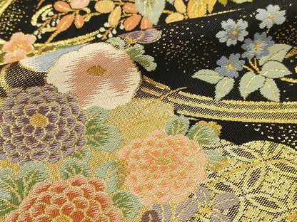 平和屋本店▼六通柄袋帯　華擁錦　黒地　本金二重　正絹　逸品　未使用　DABK2305op