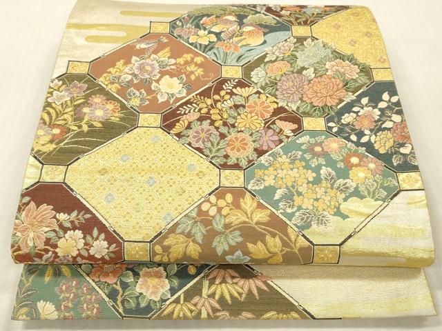 平和屋本店▼六通柄袋帯　蜀江鴛鴦花文　本金箔　正絹　逸品　DABK2310op