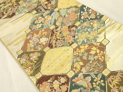 平和屋本店▼六通柄袋帯　蜀江鴛鴦花文　本金箔　正絹　逸品　DABK2310op