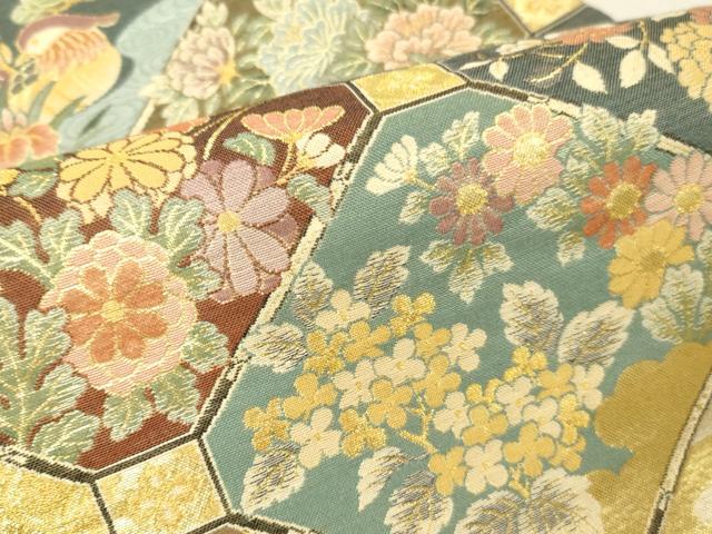 平和屋本店▼六通柄袋帯　蜀江鴛鴦花文　本金箔　正絹　逸品　DABK2310op