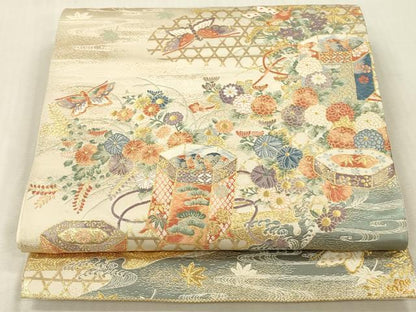 平和屋本店▼六通柄袋帯　唐織　貝桶蝶彩文　九百錦　本金箔　正絹　逸品　DABK2313op