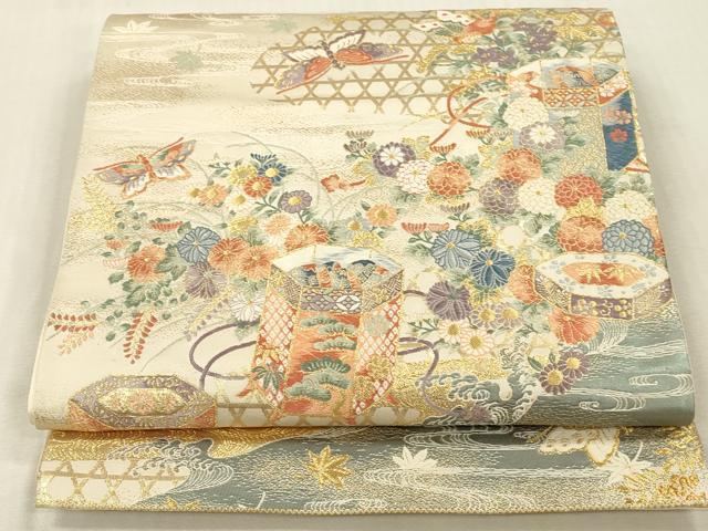 平和屋本店▼六通柄袋帯　唐織　貝桶蝶彩文　九百錦　本金箔　正絹　逸品　DABK2313op