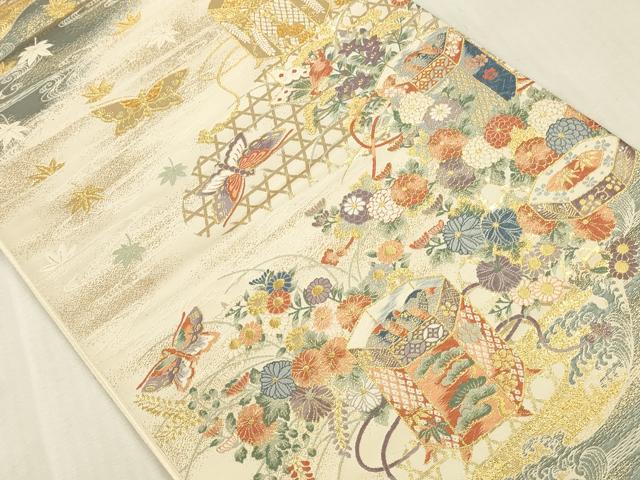 平和屋本店▼六通柄袋帯　唐織　貝桶蝶彩文　九百錦　本金箔　正絹　逸品　DABK2313op