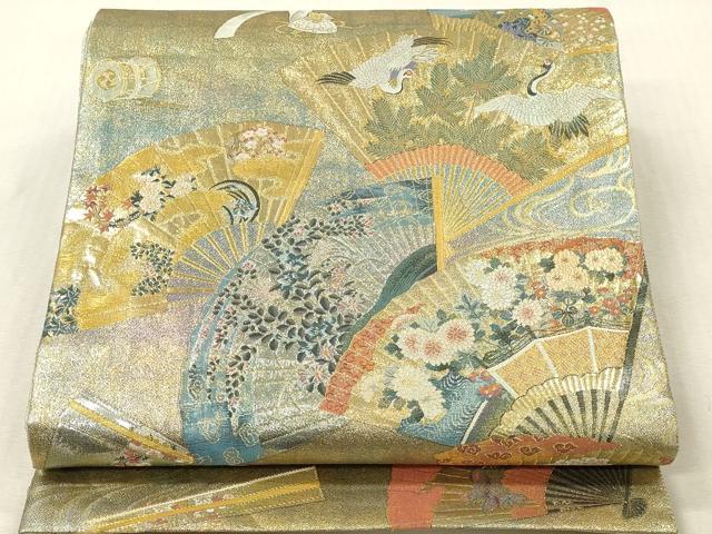 平和屋着物▼極上　西陣あさぎ　両面　全通全景柄袋帯　扇面飛鶴花文　本金プラチナ二重箔　正絹　逸品　DABK2317op