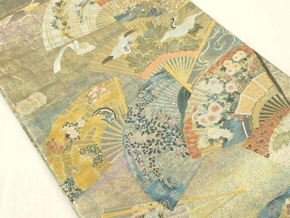 平和屋着物▼極上　西陣あさぎ　両面　全通全景柄袋帯　扇面飛鶴花文　本金プラチナ二重箔　正絹　逸品　DABK2317op