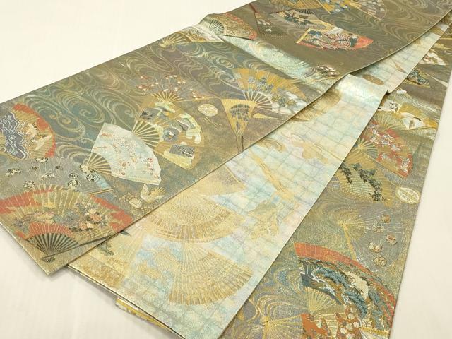 平和屋着物▼極上　西陣あさぎ　両面　全通全景柄袋帯　扇面飛鶴花文　本金プラチナ二重箔　正絹　逸品　DABK2317op