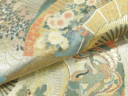 平和屋着物▼極上　西陣あさぎ　両面　全通全景柄袋帯　扇面飛鶴花文　本金プラチナ二重箔　正絹　逸品　DABK2317op