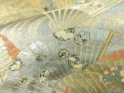 平和屋着物▼極上　西陣あさぎ　両面　全通全景柄袋帯　扇面飛鶴花文　本金プラチナ二重箔　正絹　逸品　DABK2317op