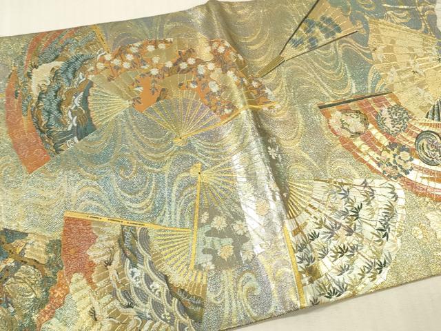 平和屋着物▼極上　西陣あさぎ　両面　全通全景柄袋帯　扇面飛鶴花文　本金プラチナ二重箔　正絹　逸品　DABK2317op
