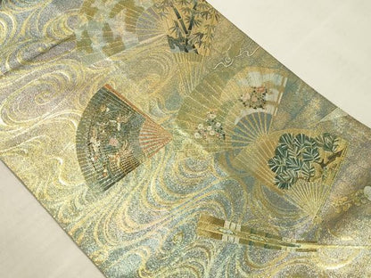 平和屋着物▼極上　西陣あさぎ　両面　全通全景柄袋帯　扇面飛鶴花文　本金プラチナ二重箔　正絹　逸品　DABK2317op