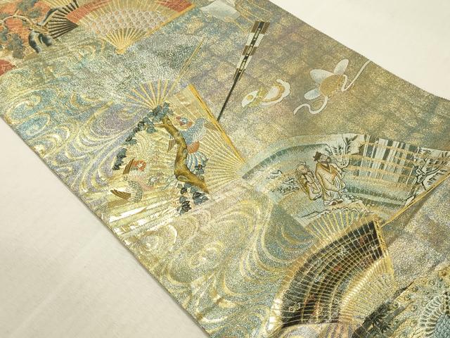平和屋着物▼極上　西陣あさぎ　両面　全通全景柄袋帯　扇面飛鶴花文　本金プラチナ二重箔　正絹　逸品　DABK2317op